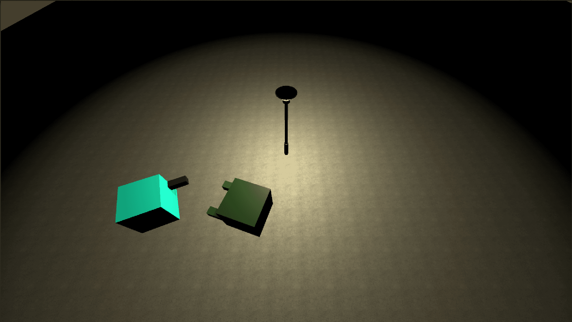 The same scene rebuilt with grey primitive cubes